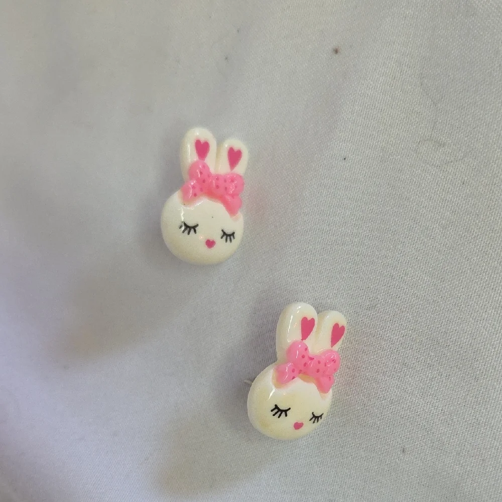 Easter Bunny Earrings Pink bows Sleeping Rabbit Lightweight Good Condition